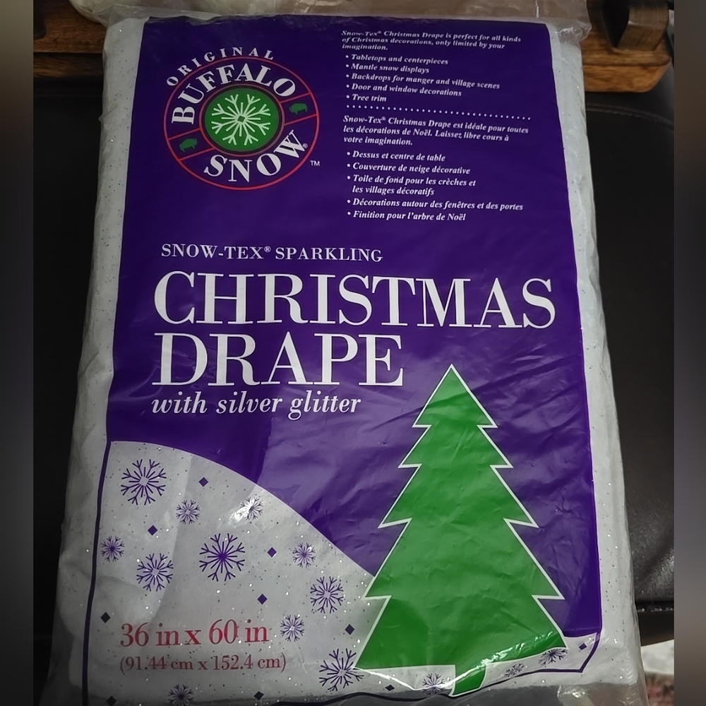 Buffalo Snow-Tex White W/Sparkling Silver Glitter Christmas Drape 36" x 60" New